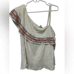 Lucky Brand Boho Ruffle One Shoulder Strap Embroidered White Blouse Top NWOT